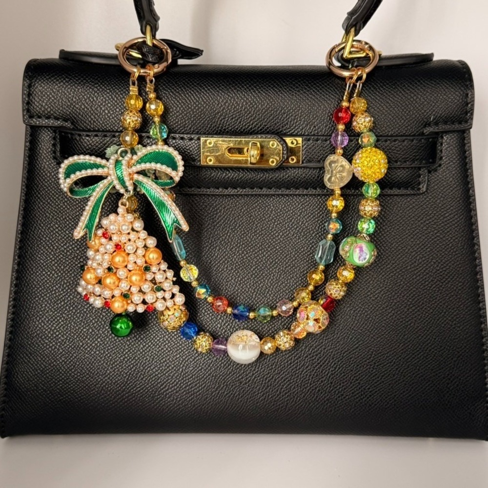 Christmas Bell Bag Charm Crystal Beaded Purse Charm‎ Pearl Keychain Gold Tone